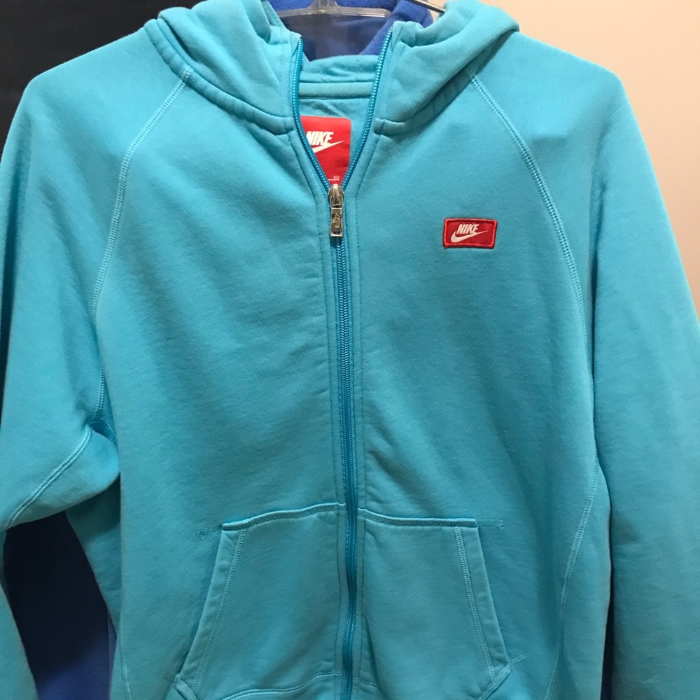 Blue NIKE zip up sweatshirt white logo kids XL